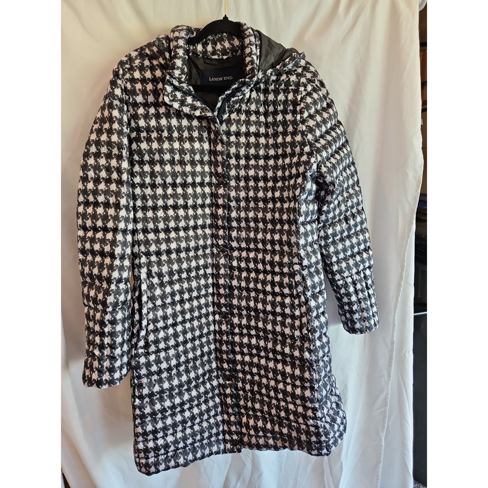 Lands' End Women's Large Houndstooth Long Down Puffer Coat Hooded Black White